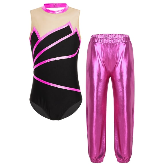 Doomiva Kids Girls 2Pcs Dance Leotard Outfits Dancewear Sleeveless Patchwork Dance Unitards and Metallic Pants Set Hot Pink 10