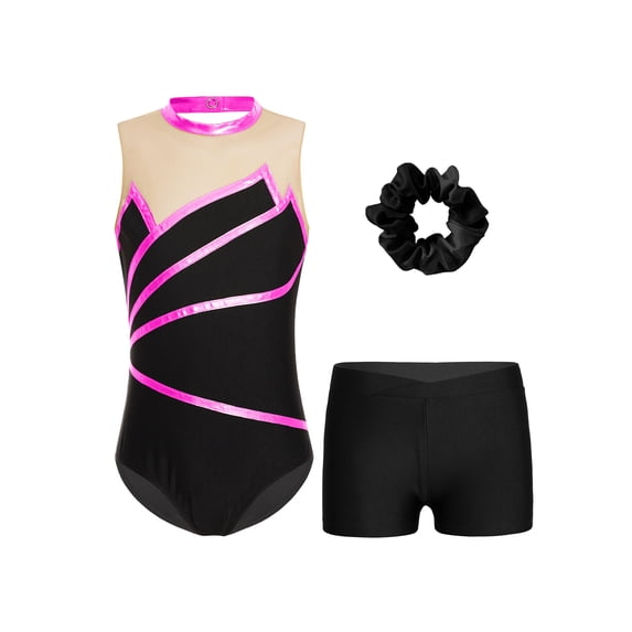 Doomiva Kids Girls 3 Piece Gymnastics Ballet Dance Outfits Tank Leotard with Shorts Hair Band Hot Pink 6