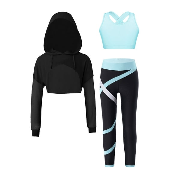 Doomiva Kids Girls 3Pcs Hip Hop Dance Outfits Hoodie Crop Top Sports Bra with Leggings Set Sports Light Blue 16