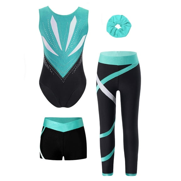 Doomiva Kids Girls 4 Piece Gymnastic Leotard Outfits Ballet Dance Unitards with Shorts Leggings and Hair Tie Set Blue Green 10