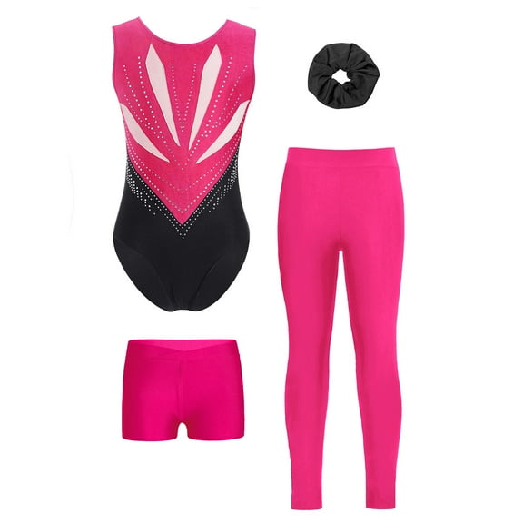 Doomiva Kids Girls 4 Piece Gymnastic Leotard Outfits Ballet Dance Unitards with Shorts Leggings and Hair Tie Set Hot Pink 16