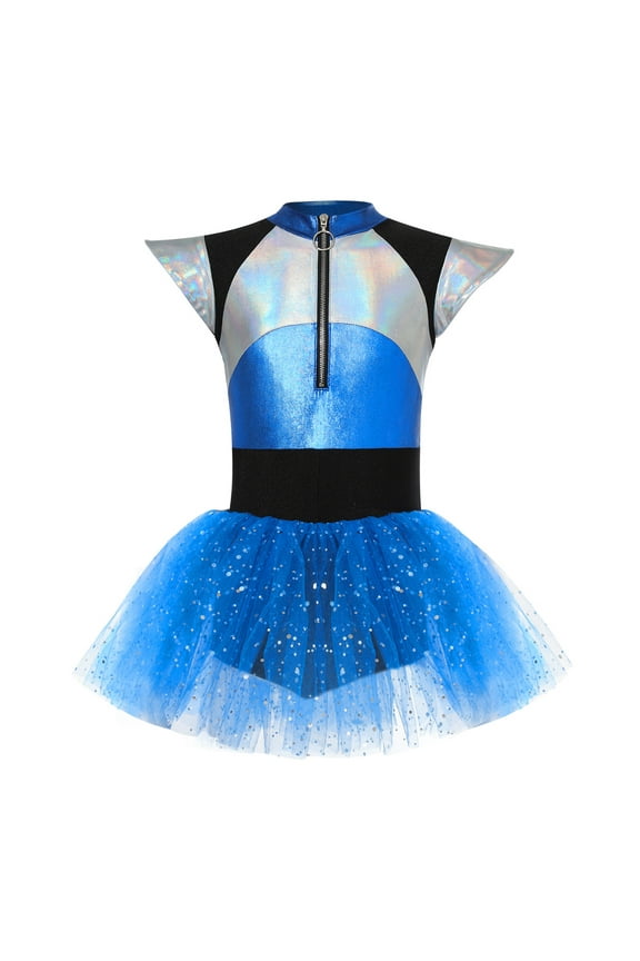 Kids Girls Alien Halloween Dress-up Cap Sleeve Metallic Tutu Dresses Leotard Outer Space Man Robot Dancewear Blue 6