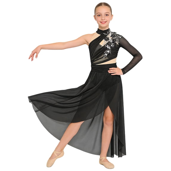 Doomiva Kids Girls Applique Lyrical Dance Dress Ballet Gymnastics Leotard High Low Skirt Contemporary Dancewear Black 8