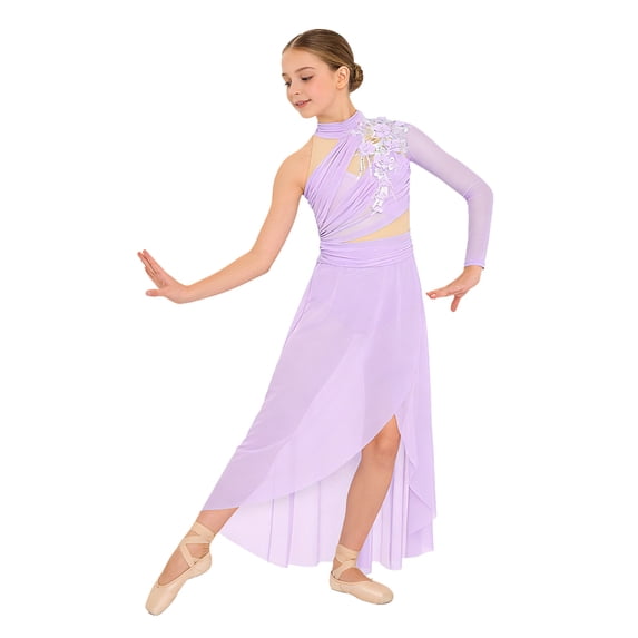 Doomiva Kids Girls Applique Lyrical Dance Dress Ballet Gymnastics Leotard High Low Skirt Contemporary Dancewear Lavender 14