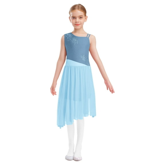Doomiva Kids Girls Asymmetrical Lyrical Dance Dress Rhinestones Flower Pattern Side Slit Ballet Dancewear Light Blue 6
