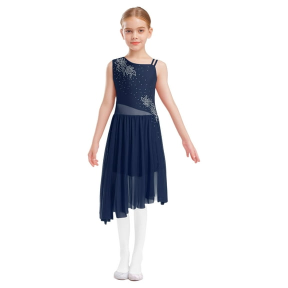 Doomiva Kids Girls Asymmetrical Lyrical Dance Dress Rhinestones Flower Pattern Side Slit Ballet Dancewear Navy Blue 16