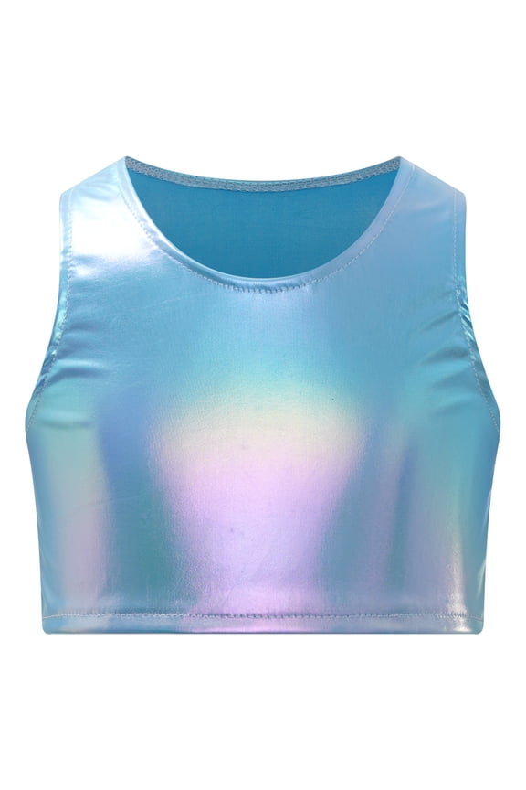 Kids Girls Athletic Shirt Jazz Dance Crop Tops Sequins Dancewear Stage Performance Tank Vest Sky Blue M