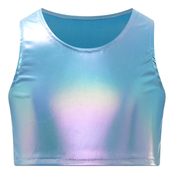 Doomiva Kids Girls Athletic Shirt Jazz Dance Crop Tops Sequins Dancewear Stage Performance Tank Vest Sky Blue M