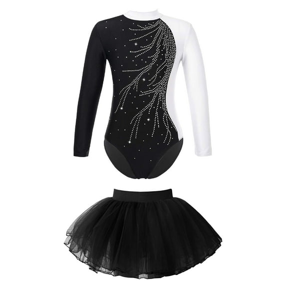Doomiva Kids Girls Ballet Dance Dress Outfit Long Sleeve Gymnastics Leotard with Mesh Tutu Skirt Set Black 12