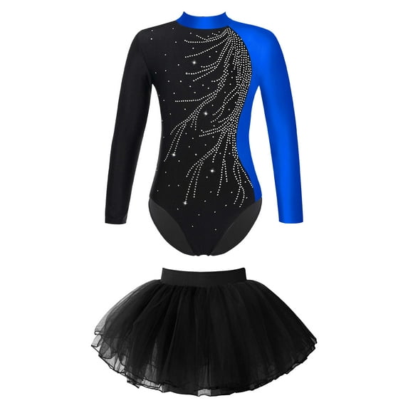 Doomiva Kids Girls Ballet Dance Dress Outfit Long Sleeve Gymnastics Leotard with Mesh Tutu Skirt Set Blue 10