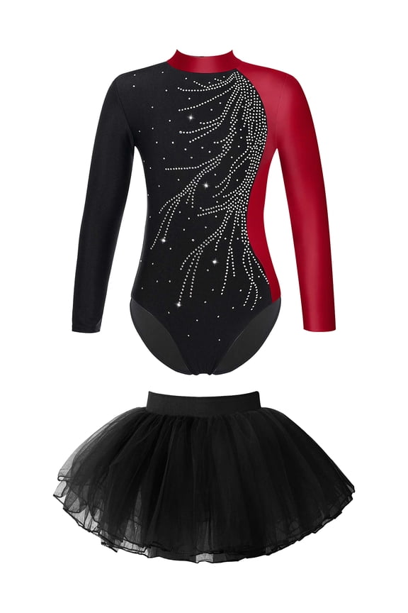 Kids Girls Ballet Dance Dress Outfit Long Sleeve Gymnastics Leotard with Mesh Tutu Skirt Set Burgundy 6