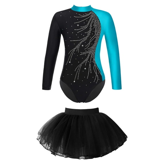 Doomiva Kids Girls Ballet Dance Dress Outfit Long Sleeve Gymnastics Leotard with Mesh Tutu Skirt Set Lake Blue 6