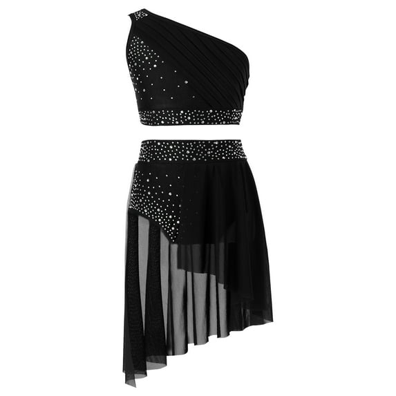 Doomiva Kids Girls Ballet Jazz Latin Lyrical Dance Costume One Shoulder Crop Top with Skirted Briefs Set Dancewear Black 6