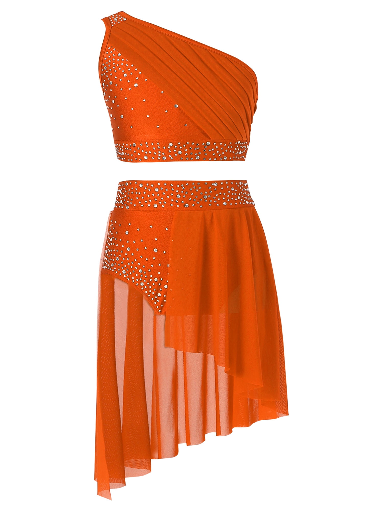 orange ballet dress Doomiva Kids Girls Ballet Jazz Latin Lyrical Dance Costume One Shoulder  Crop Top with Skirted Briefs Set Dancewear Orange 14