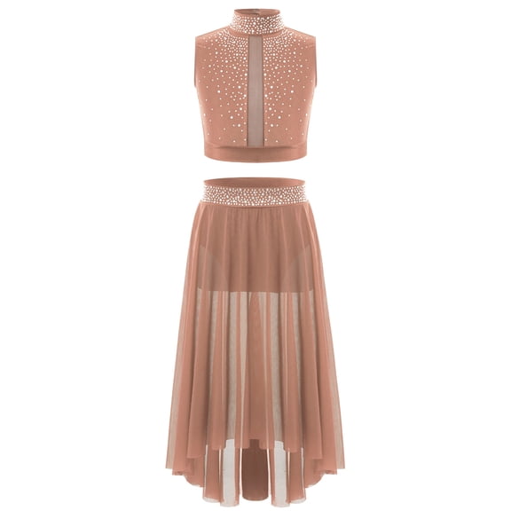 Doomiva Kids Girls Ballet Lyrical Dance Dress Shiny Rhinestones Crop Top with Skirted Leotard 2-Piece Dance Outfits Dusty Pink 6