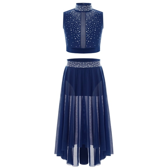 Doomiva Kids Girls Ballet Lyrical Dance Dress Shiny Rhinestones Crop Top with Skirted Leotard 2-Piece Dance Outfits Navy Blue 6