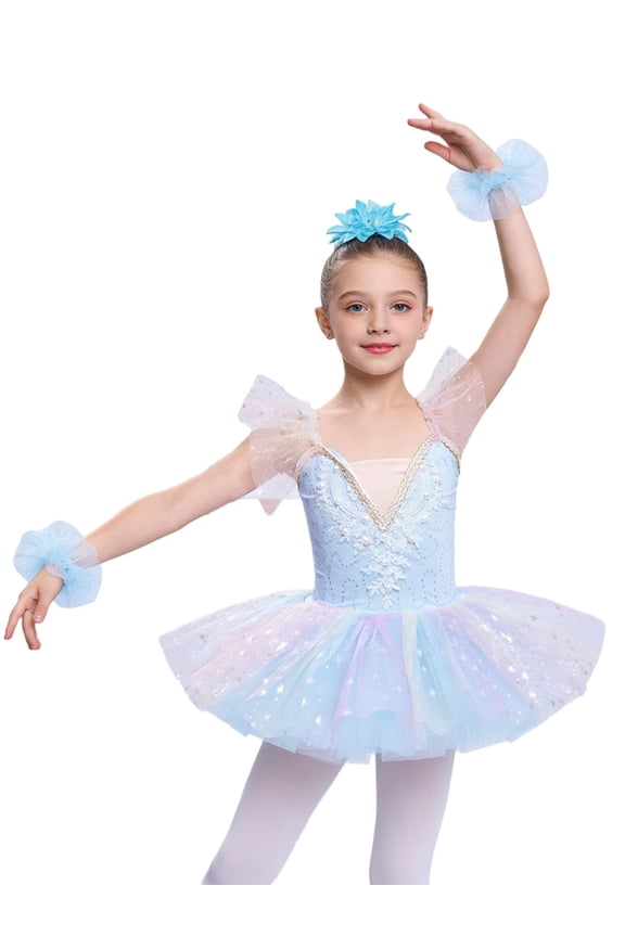 Kids Girls Camisole Ballet Skirted Leotard Sequin Swan Lake Ballerina Dance Princess Tutu Dress for Performance Light Blue 120