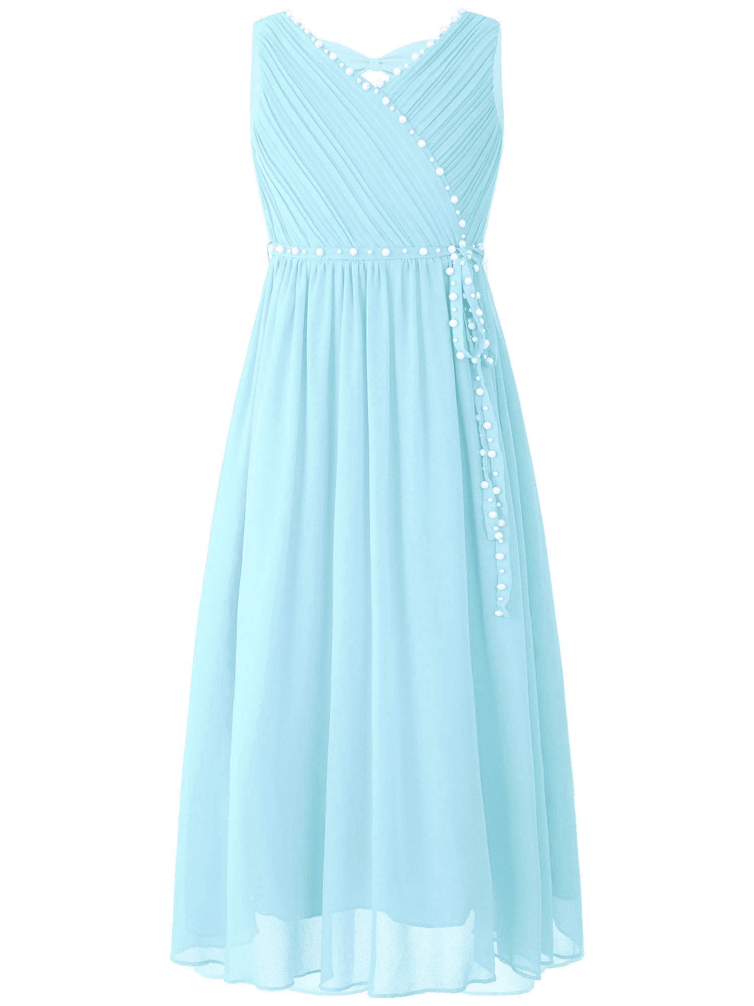 Liora Girls White & Blue Floral Party Dress with Puff Sleeves