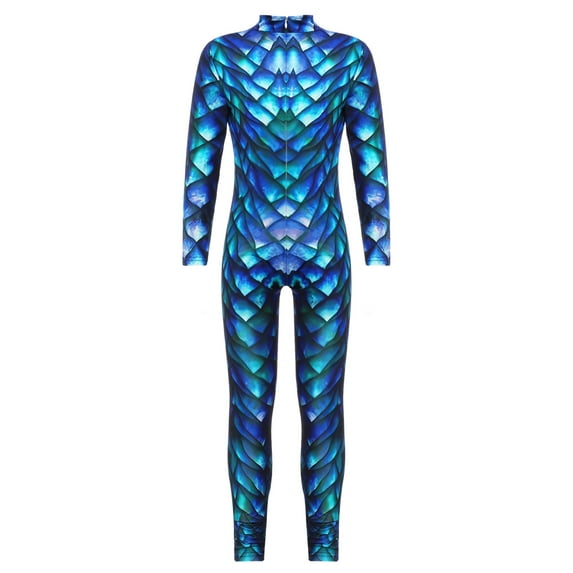 Doomiva Kids Girls Boys 3D Fishcales Printed Full Body Cover Swimsuit Gymnastics Dance Athletic Unitard Halloween Dress-up Green&Blue 145-150/L