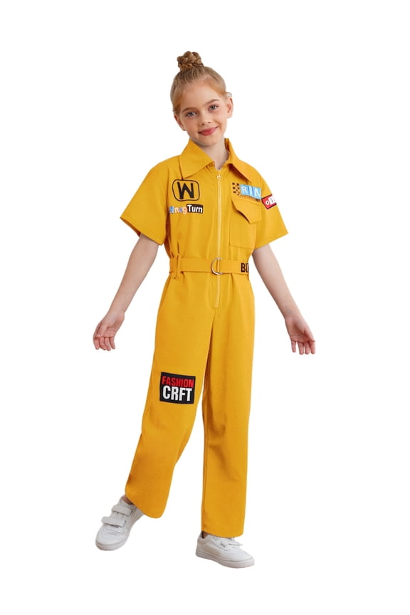 Kids Girls Boys Hallo ween Mechanic Jumpsuit Zip-Front Short Sleeve Coveralls Overalls Hip Hop Street Dance Outfit Yellow 110