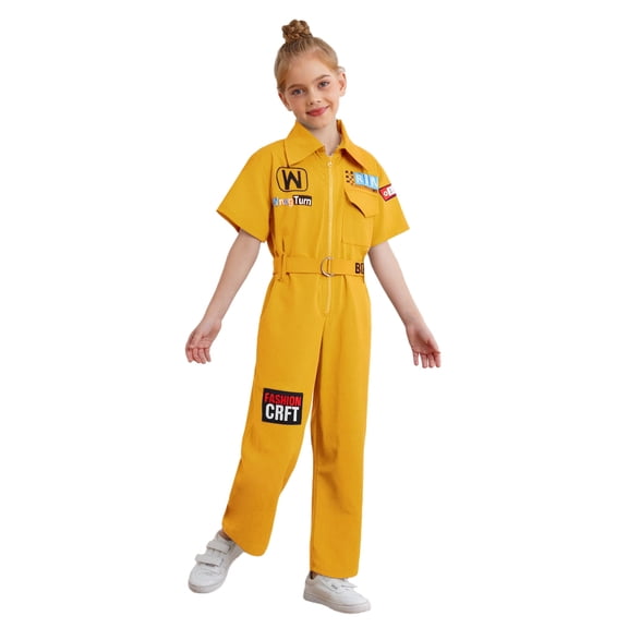 Doomiva Kids Girls Boys Hallo ween Mechanic Jumpsuit Zip-Front Short Sleeve Coveralls Overalls Hip Hop Street Dance Outfit Yellow 130