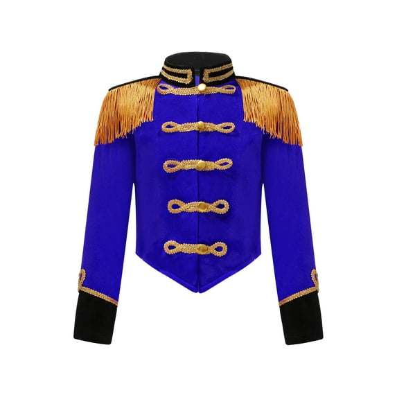 Doomiva Kids Girls Boys Ringmaster Showman Halloween Dress-up Velvet Long Sleeve Tuxedo Crop Jacket Medieval Prince Mini Coat Blue 14