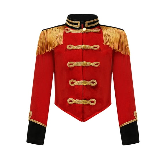 Doomiva Kids Girls Boys Ringmaster Showman Halloween Dress-up Velvet Long Sleeve Tuxedo Crop Jacket Medieval Prince Mini Coat Red 12