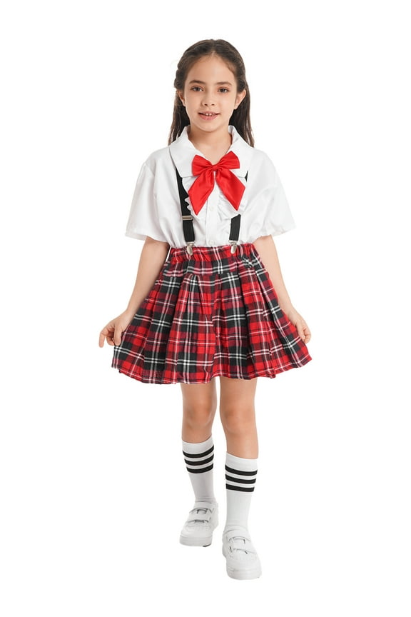 Kids Girls British Style School Uniform Suit Lapel Short Sleeve Shirt Top with Plaid Skirt Tie Knot Set A White 14