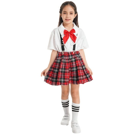 Doomiva Kids Girls British Style School Uniform Suit Lapel Short Sleeve Shirt Top with Plaid Skirt Tie Knot Set A White 5