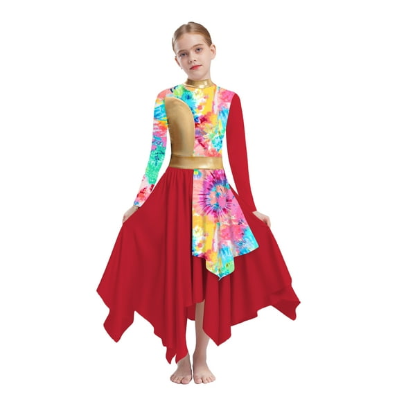Doomiva Kids Girls Celebration Of Spirit Praise Dance Dress Long Sleeve Printing Metallic Liturgical Worship Robe Red 6