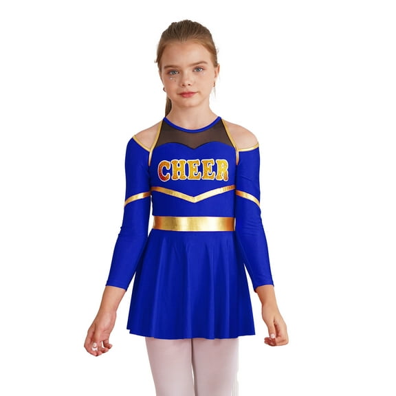 Doomiva Kids Girls Cheer Leader Outfits Long Sleeve Cold Shoulder Cheerleading Dance Dress Halloween Dress Up Royal Blue 16