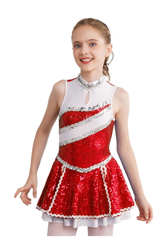 Kids Girls Cheer Leader Outfits Sleeveless Shiny Sequins Cheerleading Uniform Dance Dress Dancewear Red 10