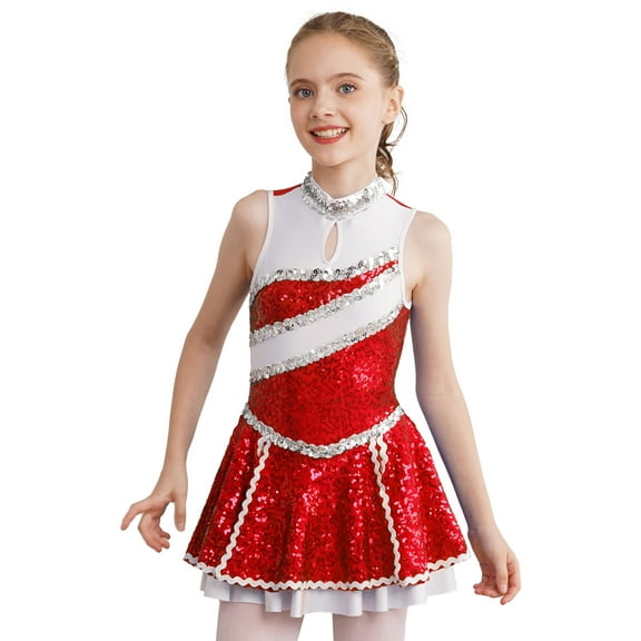 Doomiva Kids Girls Cheer Leader Outfits Sleeveless Shiny Sequins Cheerleading Uniform Dance Dress Dancewear Red 8