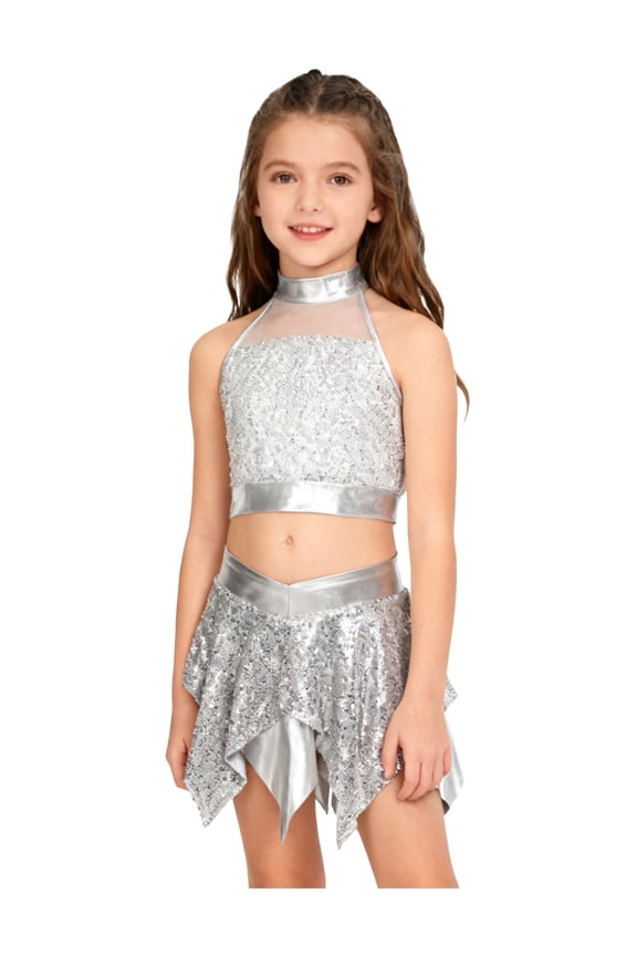 Kids Girls Cheer Uniform Sparkly Jazz Latin Dance Outfit Crop Top with Skirt Set Dancewear Lyrical Dance Dress Silver 14