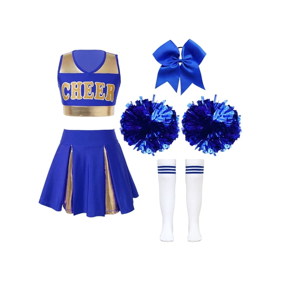 Doomiva Kids Girls Cheerleading Dance Dress Outfits with Pom Poms Student Girls Cheer Leader Uniform Fancy Dress Up A Blue 8