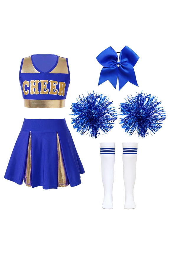 Kids Girls Cheerleading Dance Dress Outfits with Pom Poms Student Girls Cheer Leader Uniform Fancy Dress Up B Blue 8