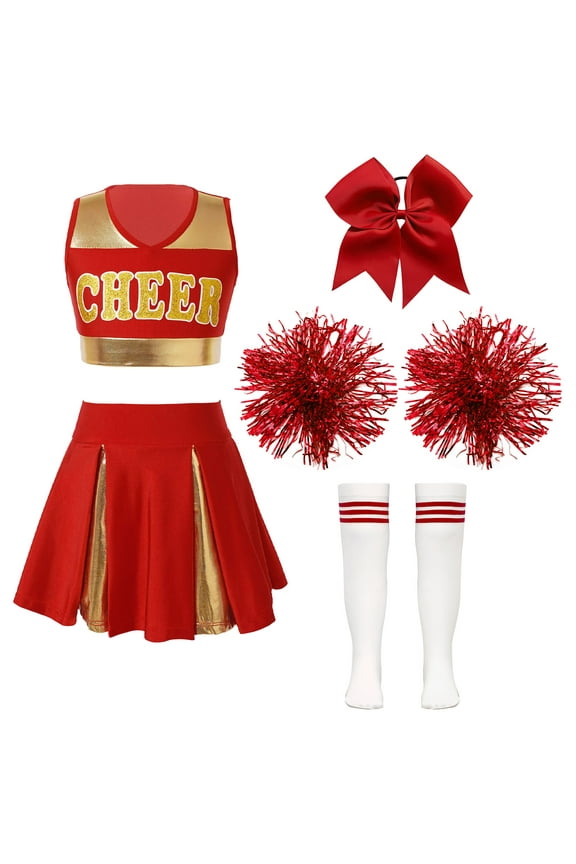Kids Girls Cheerleading Dance Dress Outfits with Pom Poms Student Girls Cheer Leader Uniform Fancy Dress Up B Red 10