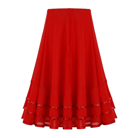 Doomiva Kids Girls Chiffon Tiered Full Circle Skirt Latin Lyrical Flamenco Ballroom Dance Skirt Dancewear A Red 6