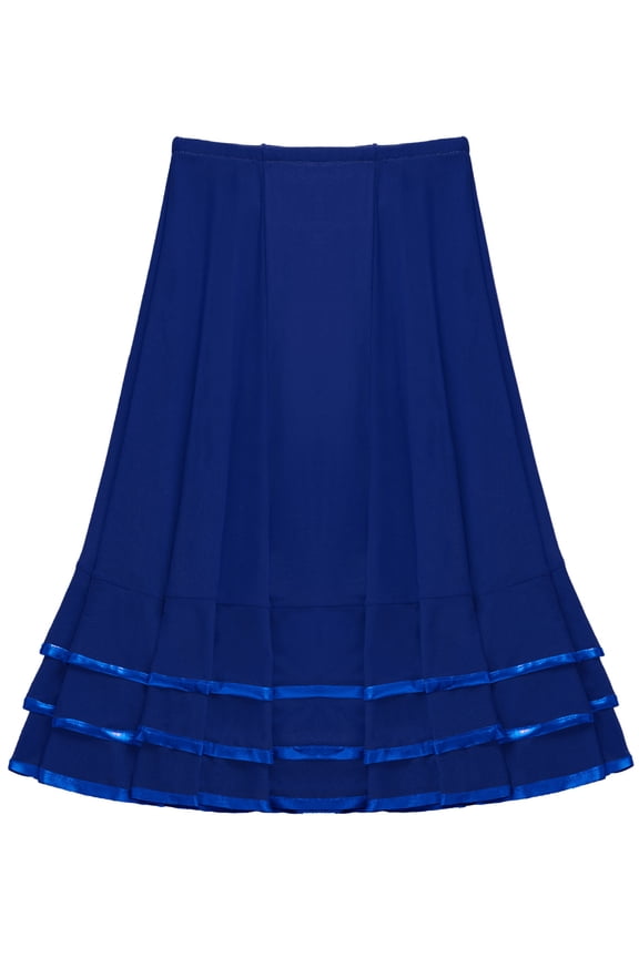 Kids Girls Chiffon Tiered Full Circle Skirt Latin Lyrical Flamenco Ballroom Dance Skirt Dancewear Blue 12