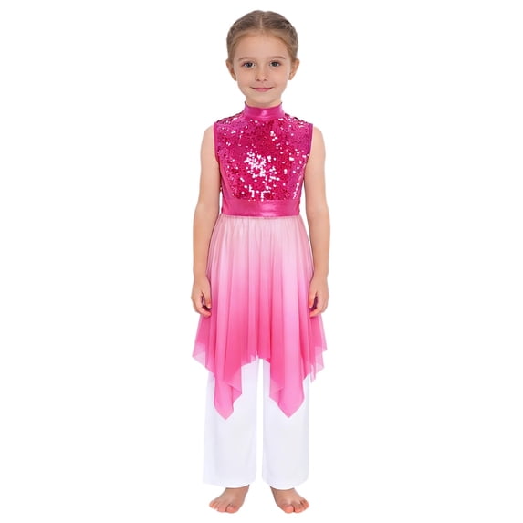 Doomiva Kids Girls Church Worship Praise Dance Outfit Sleeveless Sequin Tunic Swing Dress with Liturgical Pants Hot Pink 8