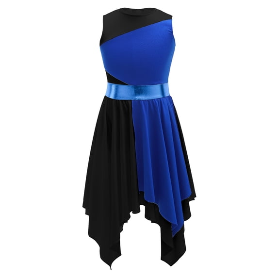 Doomiva Kids Girls Color Block Asymmetrical Sleeveless Praise Dance Tunic Lyrical Contemporary Dance Dress Blue&Black 8