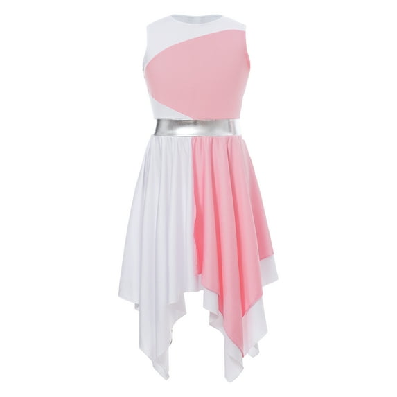 Doomiva Kids Girls Color Block Asymmetrical Sleeveless Praise Dance Tunic Lyrical Contemporary Dance Dress Light Pink 16