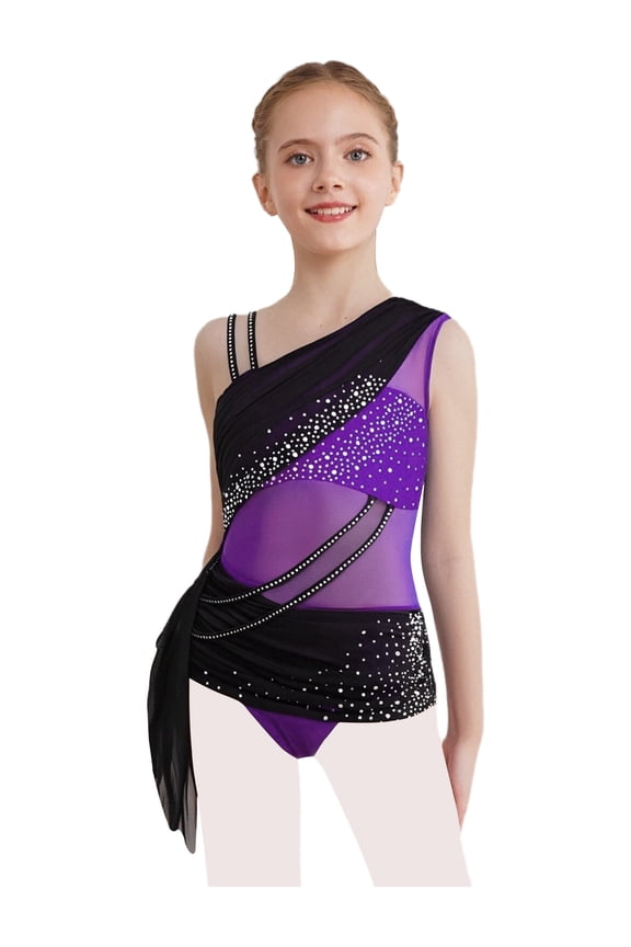 Kids Girls Color Block Lyrical Dance Dress Irregular Flowy Tulle Skirt Leotard Contemporary Dance Cos tume Purple 6