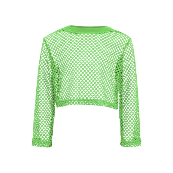 Doomiva Kids Girls Crew Neck Loose Y2k Fish Net Tee Tops Crochet See-Through Long Sleeve Breathable Dance Shirts Green 150