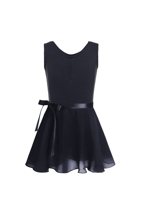 Kids Girls Dance Outfit Sleeveless Cotton Gymnastics Leotard with Chiffon Tied Skirt Set Black S