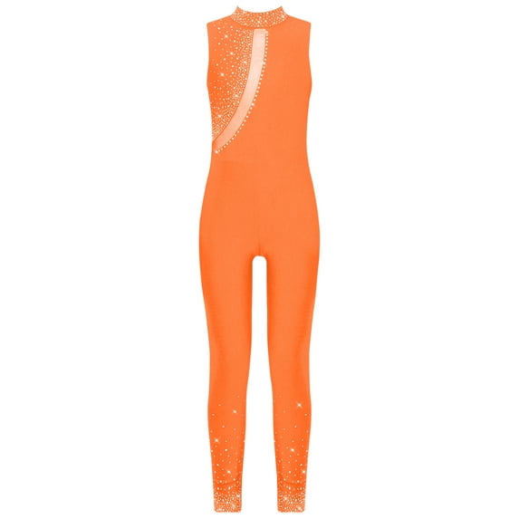 Doomiva Kids Girls Dance Unitard Sleeveless Rhinestones Full Body Gymnastics Leotard Ice Skating Bodysuit Orange 12