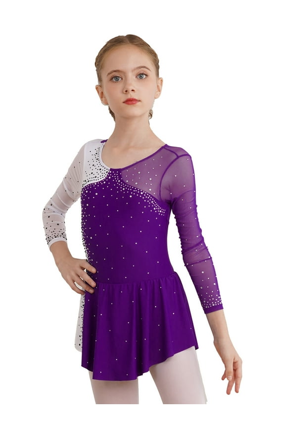 Kids Girls Figure Ice Skating Dance Dress Gymnastics Ballet Leotard Dress A Purple 6