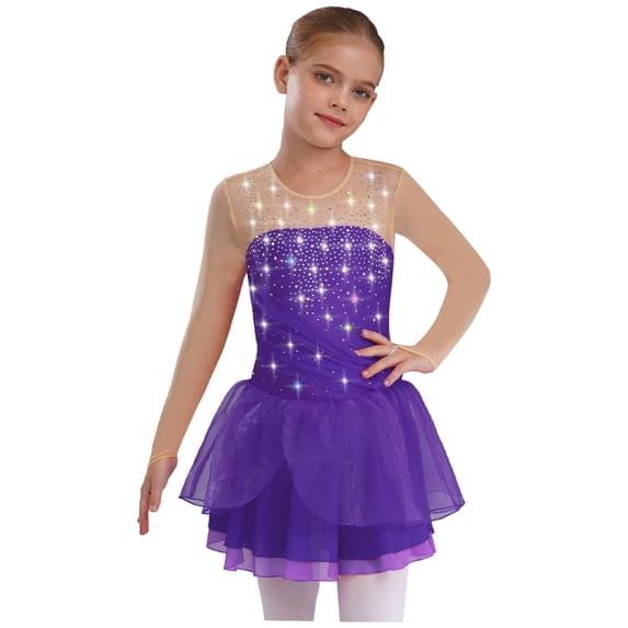 Doomiva Kids Girls Figure Ice Skating Dress Rhinestones Splice Mesh Long Sleeve Tutu Skirted Leotard Dance Dress Purple 14