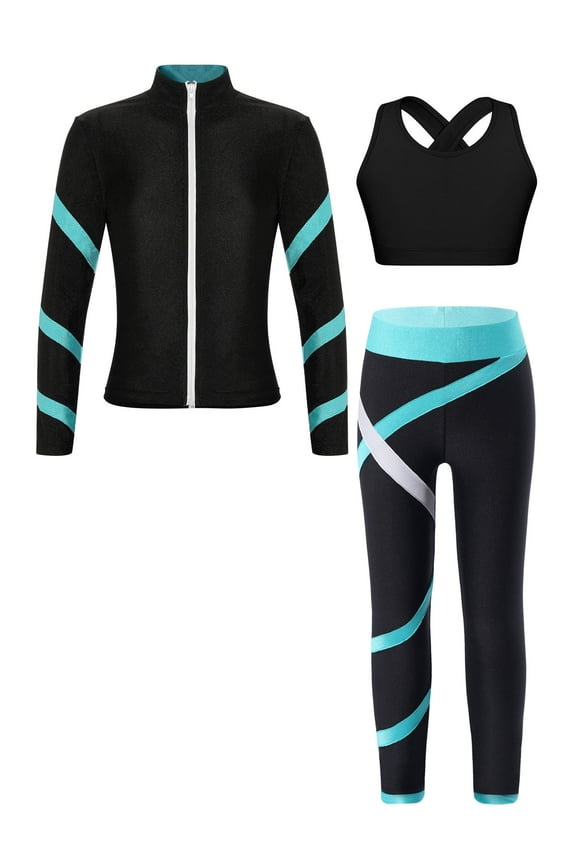 Kids Girls Figure Ice Skating Gym Training Suit Jacket Tank Top with Skating Pants Blue Green 6