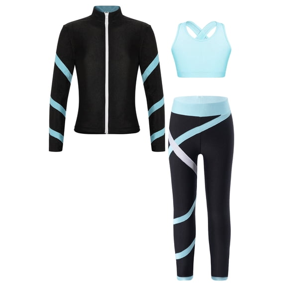 Doomiva Kids Girls Figure Ice Skating Gym Training Suit Jacket Tank Top with Skating Pants Light Blue 8